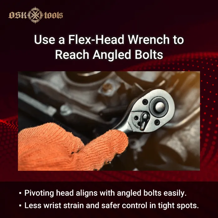 flex head torque-ratcheting wrench in tight engine spaces